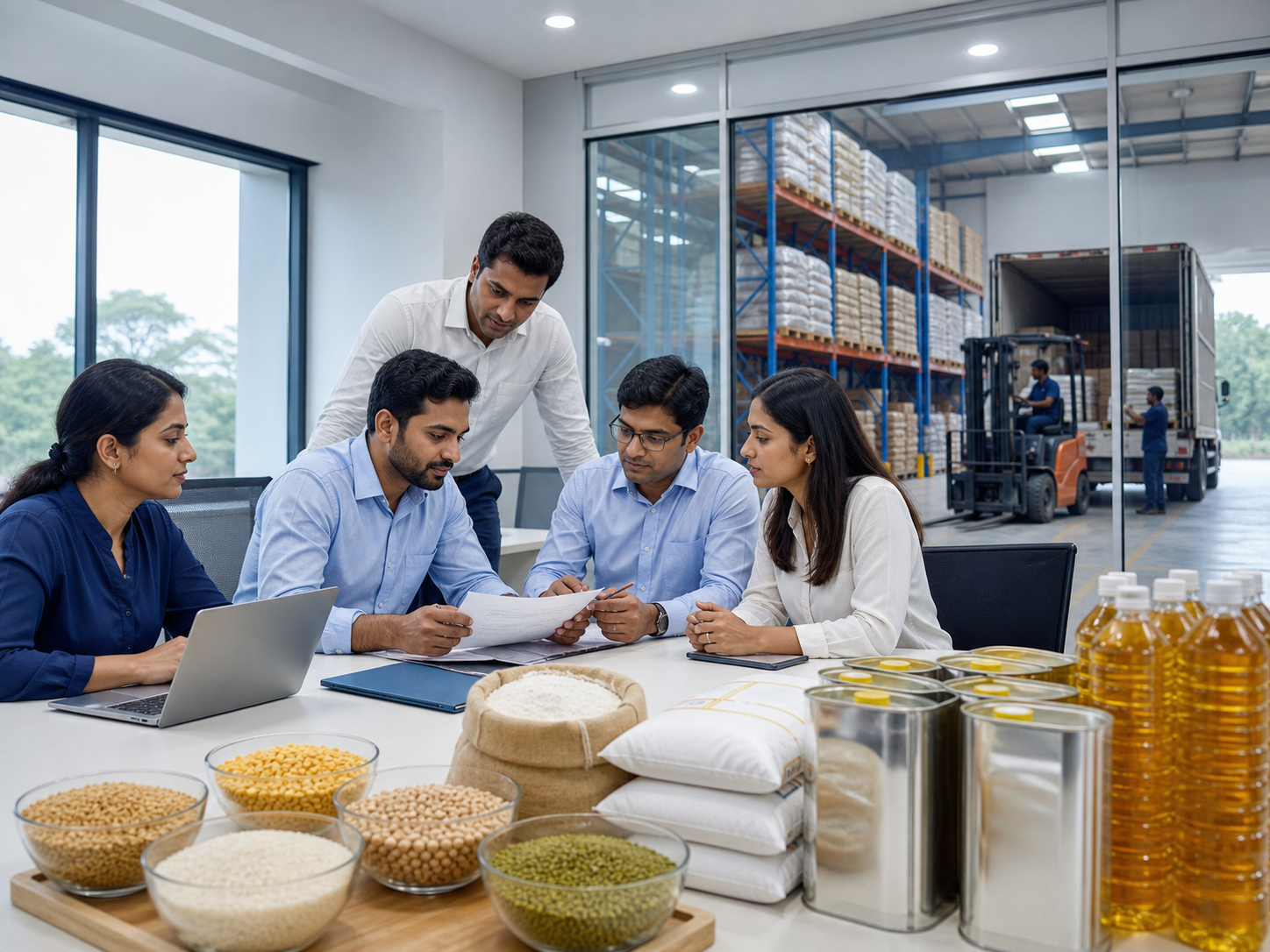 Procurement team reviewing commodity samples and dispatch planning